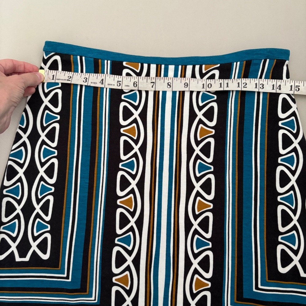 Ann Taylor Loft Teal Blue Geometric Border Print Jersey Mini Skirt Size 0 Office - Picture 4 of 7